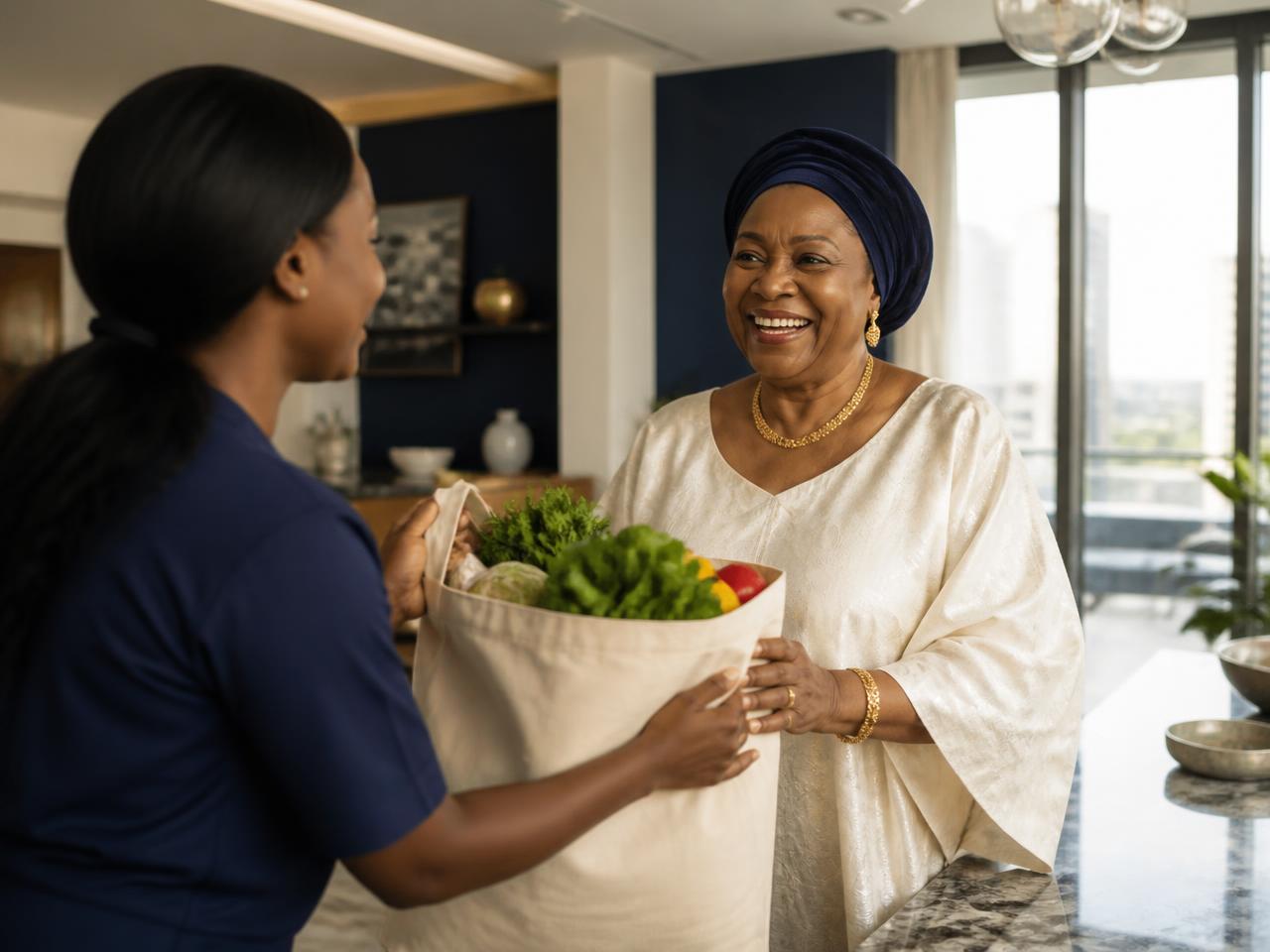 A grandmother receiving groceries from a Pekerly Runner at home